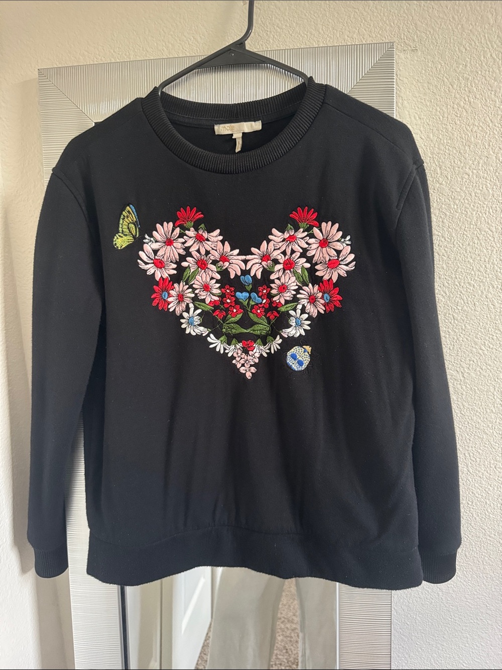 Maje Crewneck Sweater with Floral Heart Embroidery